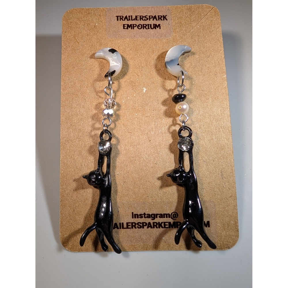 Trailerspark Emporium Black Cat Moon Drop Earrings Nickel Free Celestial Dangle